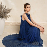 Pleated organza halter maxi dress with sheer layered design and delicate gathered neckline